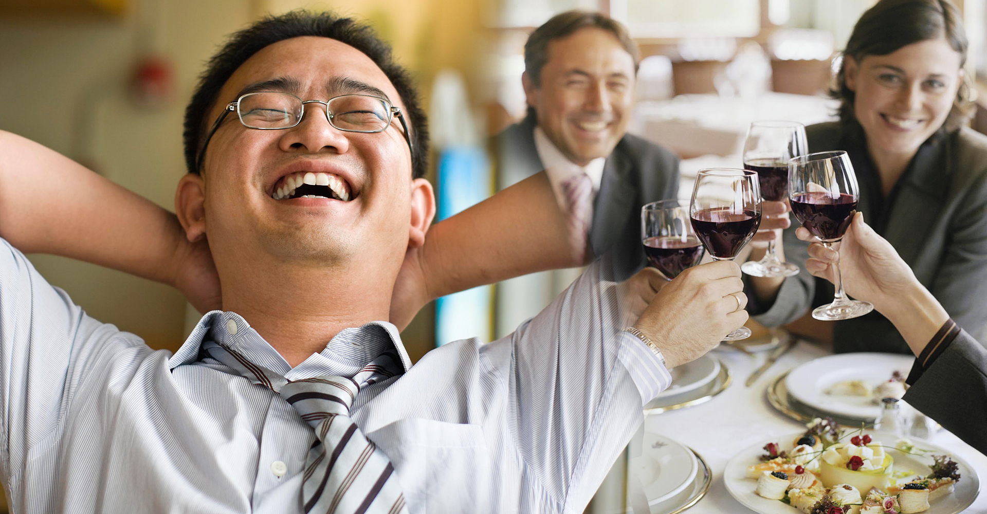 asian business man laughing happy sitting PLUS business people at table toasting wine glasses